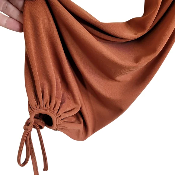 LOVERS and FRIENDS Suki Cinnamon Rust Ruched Puff Sleeve Asymmetrical Dress L - Picture 4 of 9